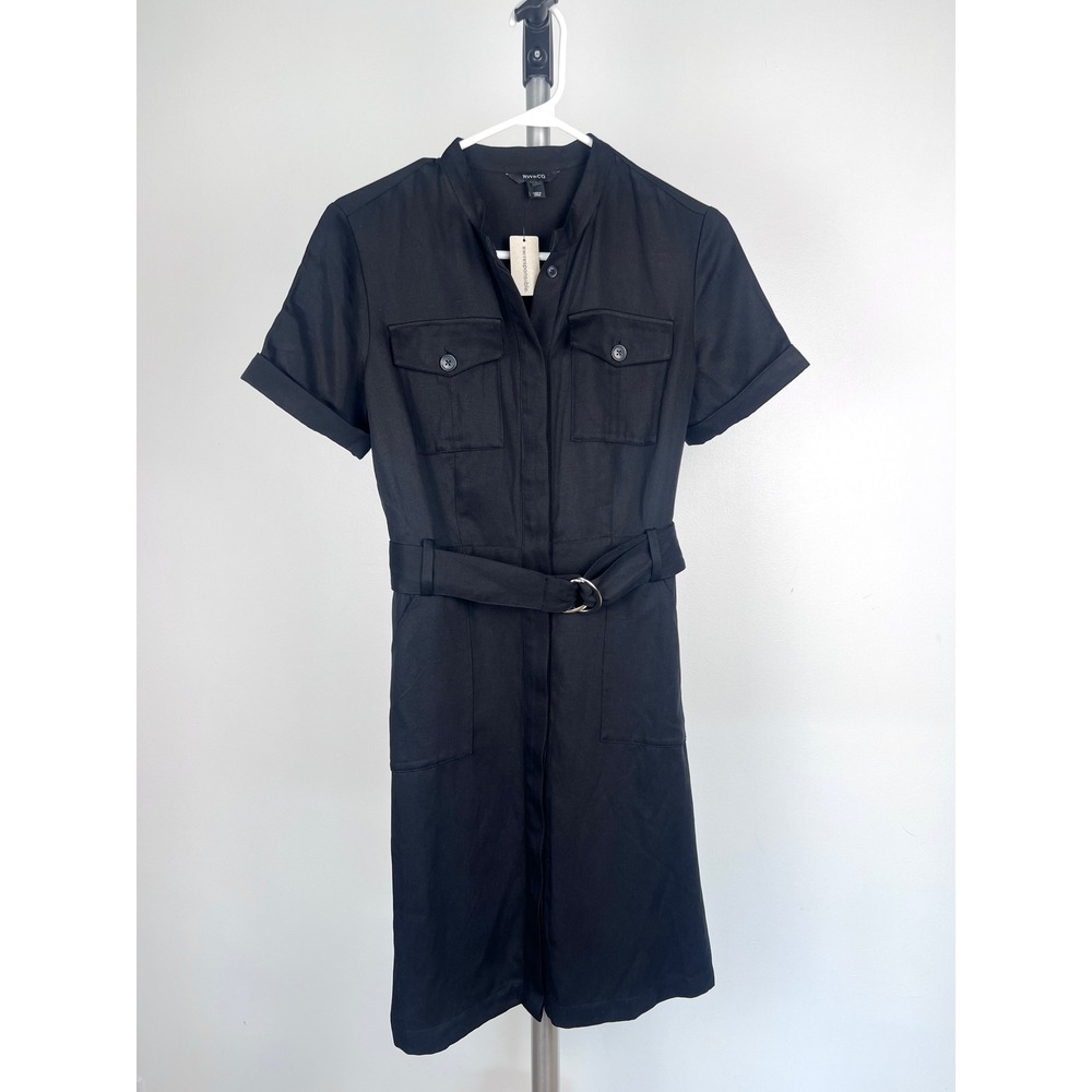 RW&CO Black Tencel Linen Utility Shirt Dress Belted Short Sleeve Size 2 NWT